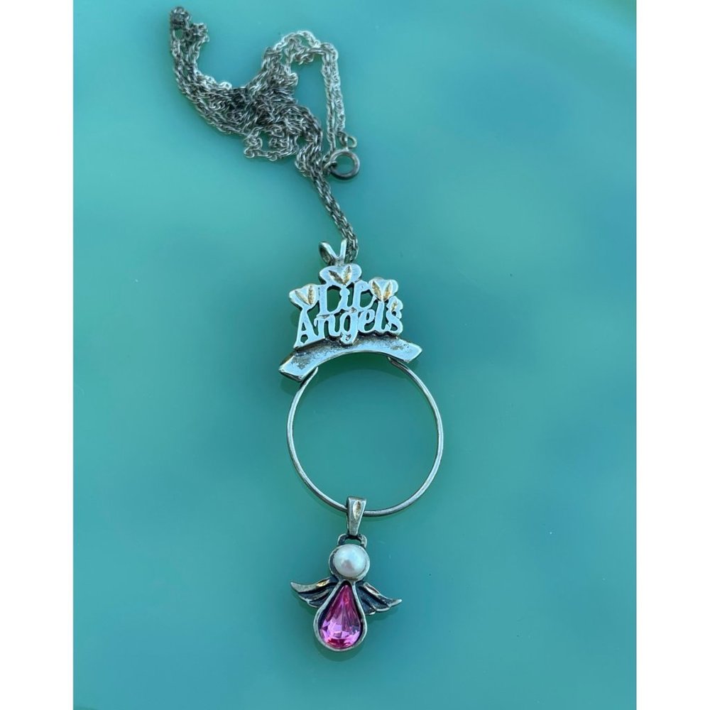 Vintage Lil Angels 925 silver Charm Holder Pendant Chain Pink charm